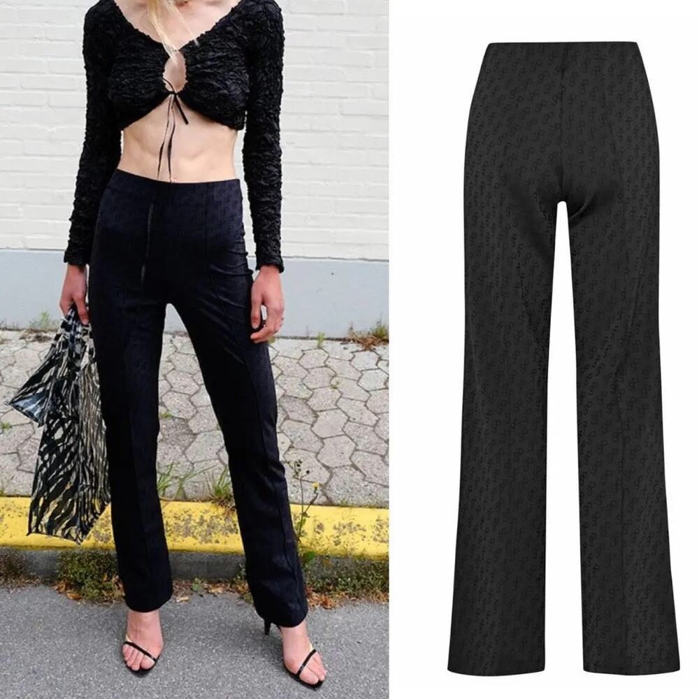 Saks Potts Pants Black Lissi Logo Jacquard High Rise Straight Leg Pants‎ Size 1